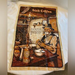 Large Vintage Irish coffee textile with man and recipe on linen type fabric